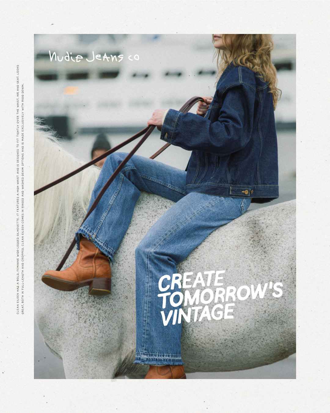 Nudie Jeans campaign page: a rider in double denim on a white horse, captioned Create Tomorrow's Vintage