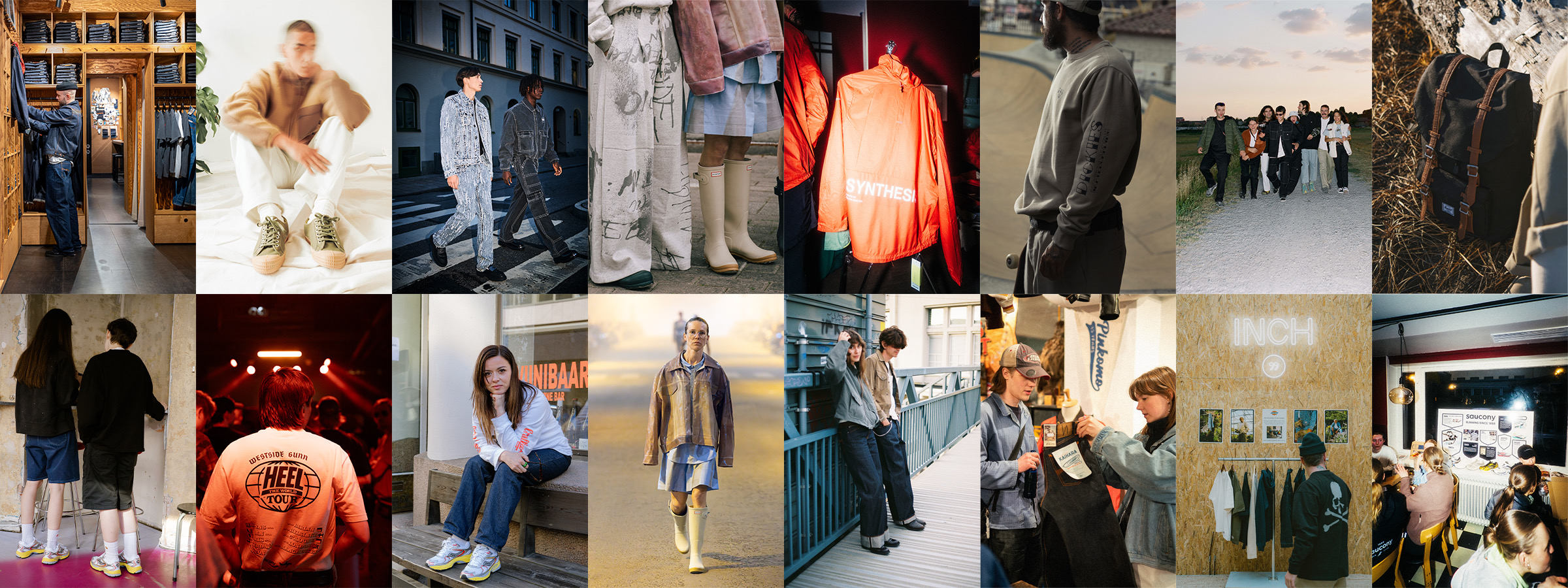 Sixteen images from the brands Salescope Agency represents — apparel, footwear and accessories in store, on the street and on the runway